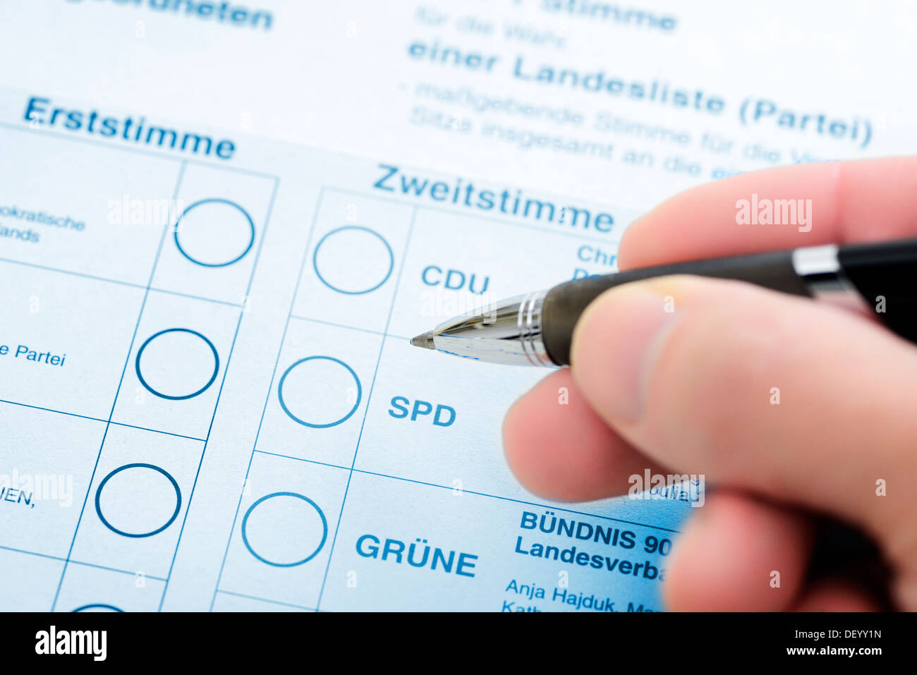 Abstimmung für die Parlamentswahlen, Stimmzettel Für Die Bundestagswahl Stockfoto