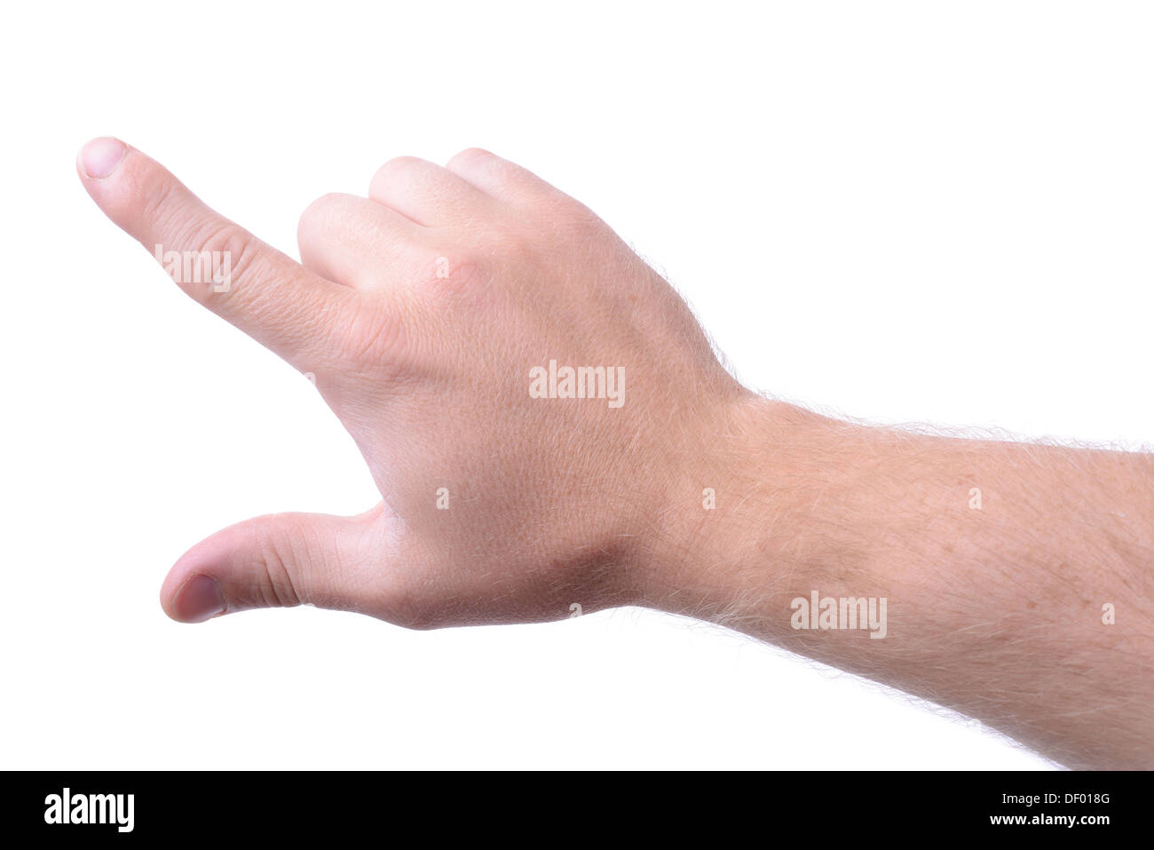 Mans Hand mit Finger für die Interaktion mit einem Objekt isoliert auf weiss Stockfoto