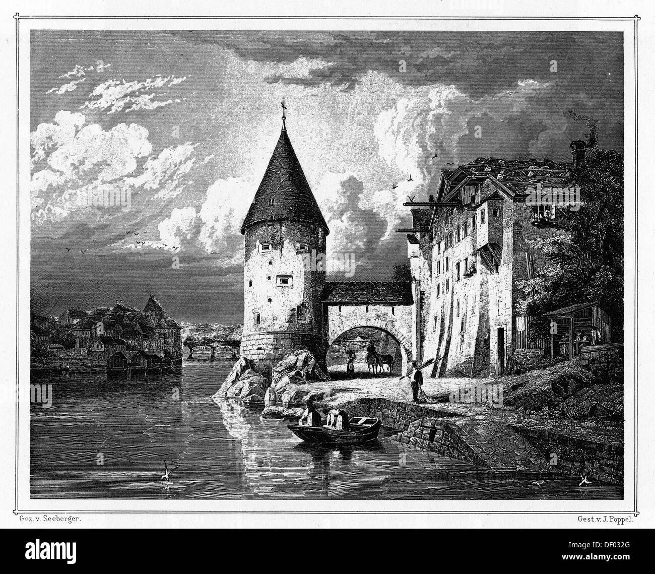 Pulverturm-Turm, Passau, Bayern, Niederbayern, gezeichnet von Seeberger, Stahl-gestochen von j.g. Poppel, Stahlstich aus der Stockfoto
