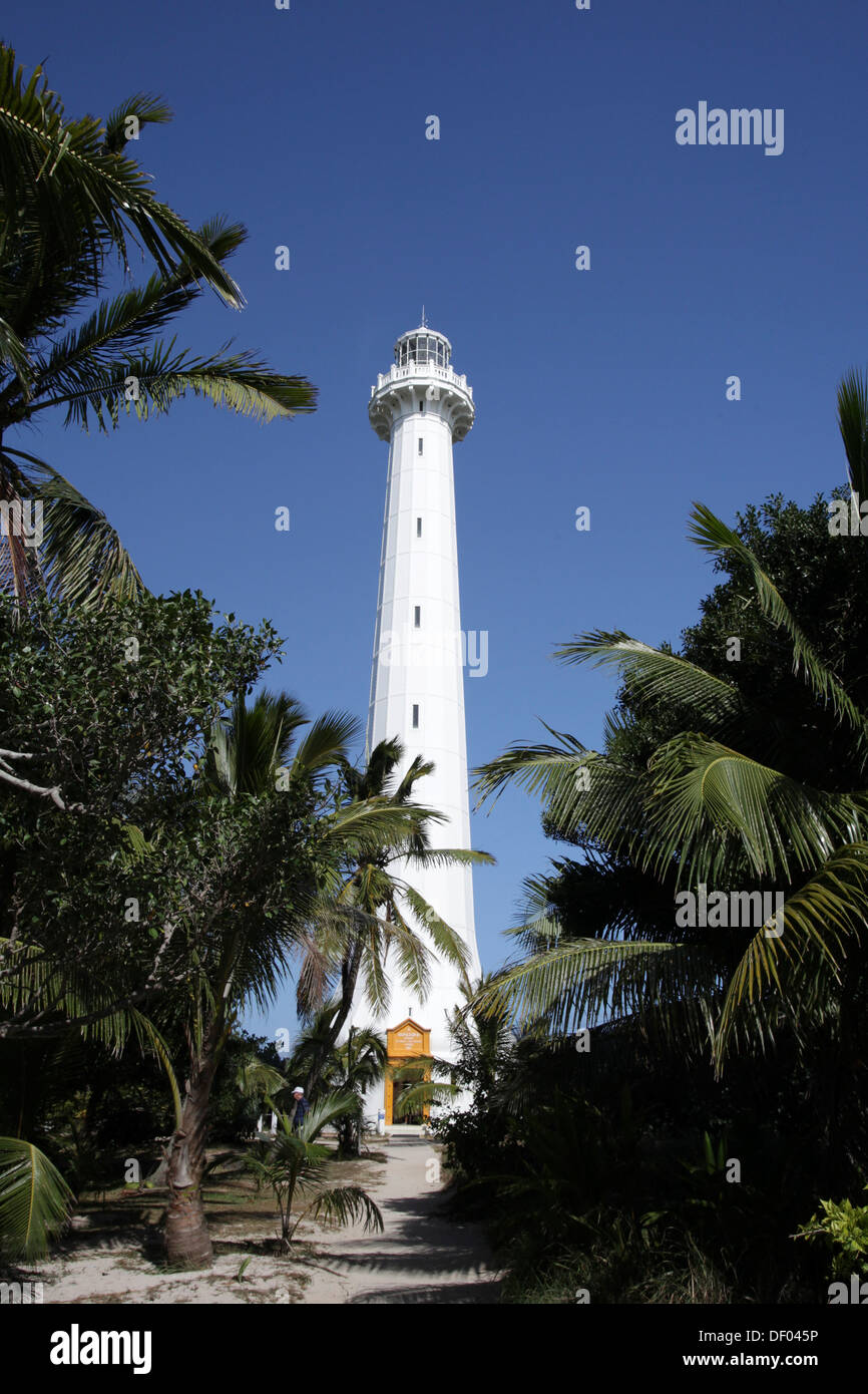 Leuchtturm von Îlot Amédée oder Le Phare Amédée zwischen Palmen vor blauem Himmel, Amédée Island, Neu-Kaledonien, Frankreich Stockfoto