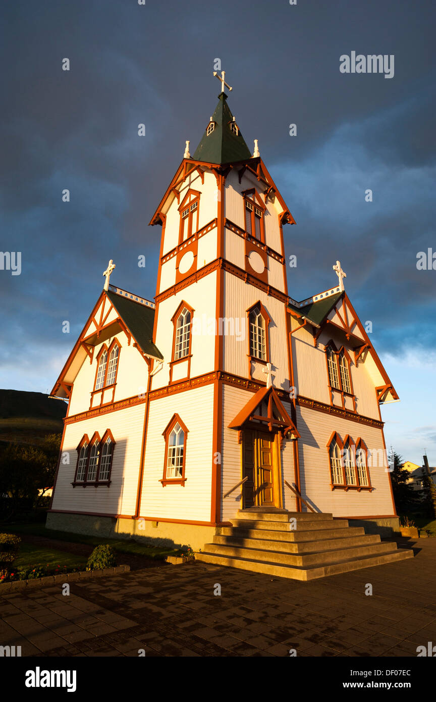 Kirche, Stadt Húsavík, Region Norðurland Eystra oder Nord-Ost Region, Island, Europa, PublicGround Stockfoto