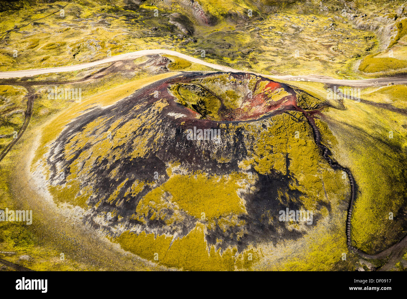Luftaufnahme, Stútur Vulkankrater, Norðurnámshraun Lavafeld, Landmannalaugar, Fjallabak Naturschutzgebiet Stockfoto