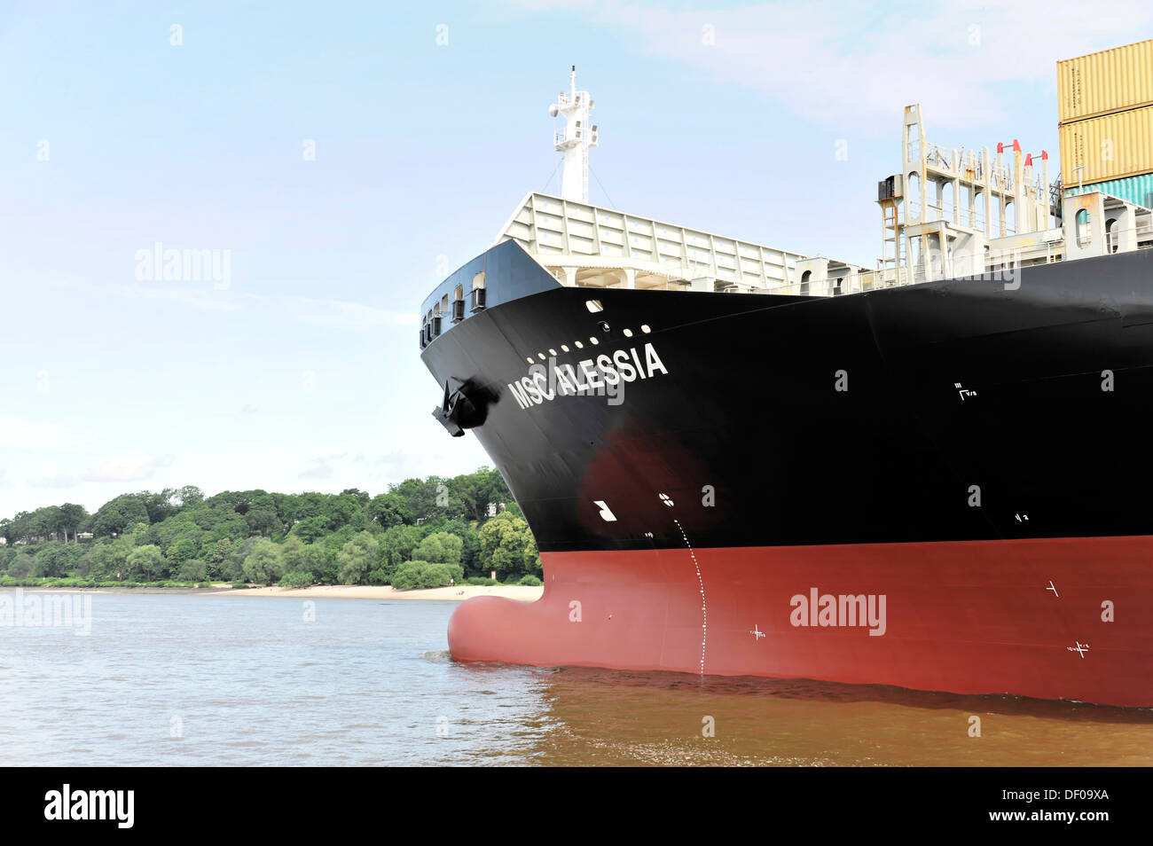 Containerschiff MSC ALESSIA, 301m lang, Baujahr 2001, abfliegen, Hafen Hamburg, Hamburg Stockfoto