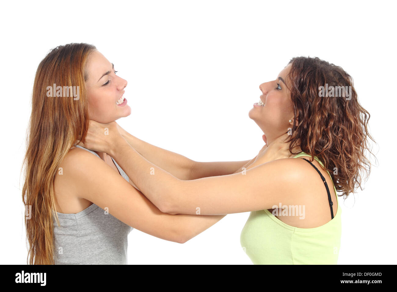 Zwei böse Frauen kämpfen isoliert auf weißem Hintergrund Stockfoto