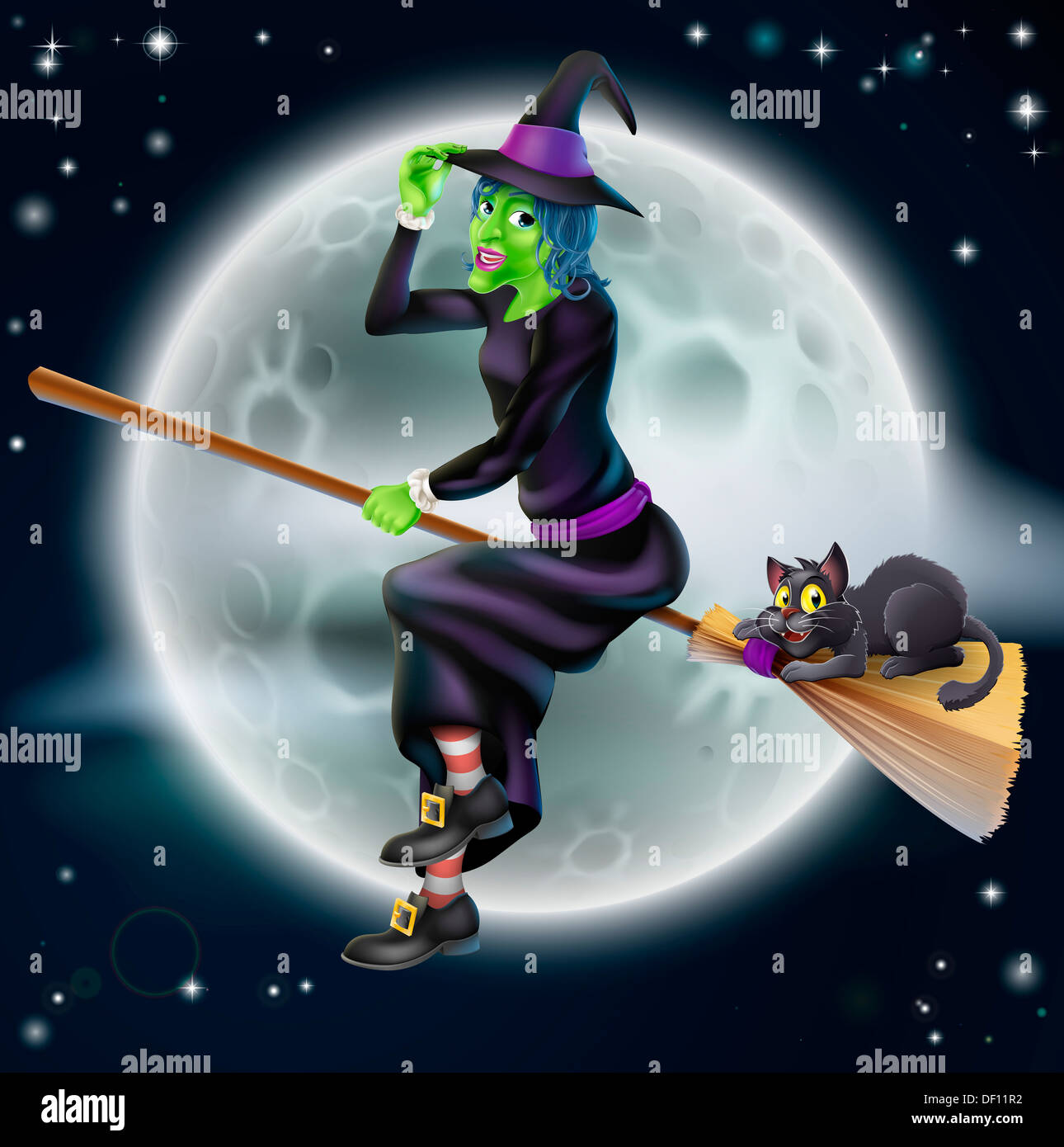 Ein glückliches Cartoon Halloween Hexe fliegen auf ihrem Besenstiel mit ihrer schwarzen Katze und eine Vollmondnacht im Hintergrund Stockfoto
