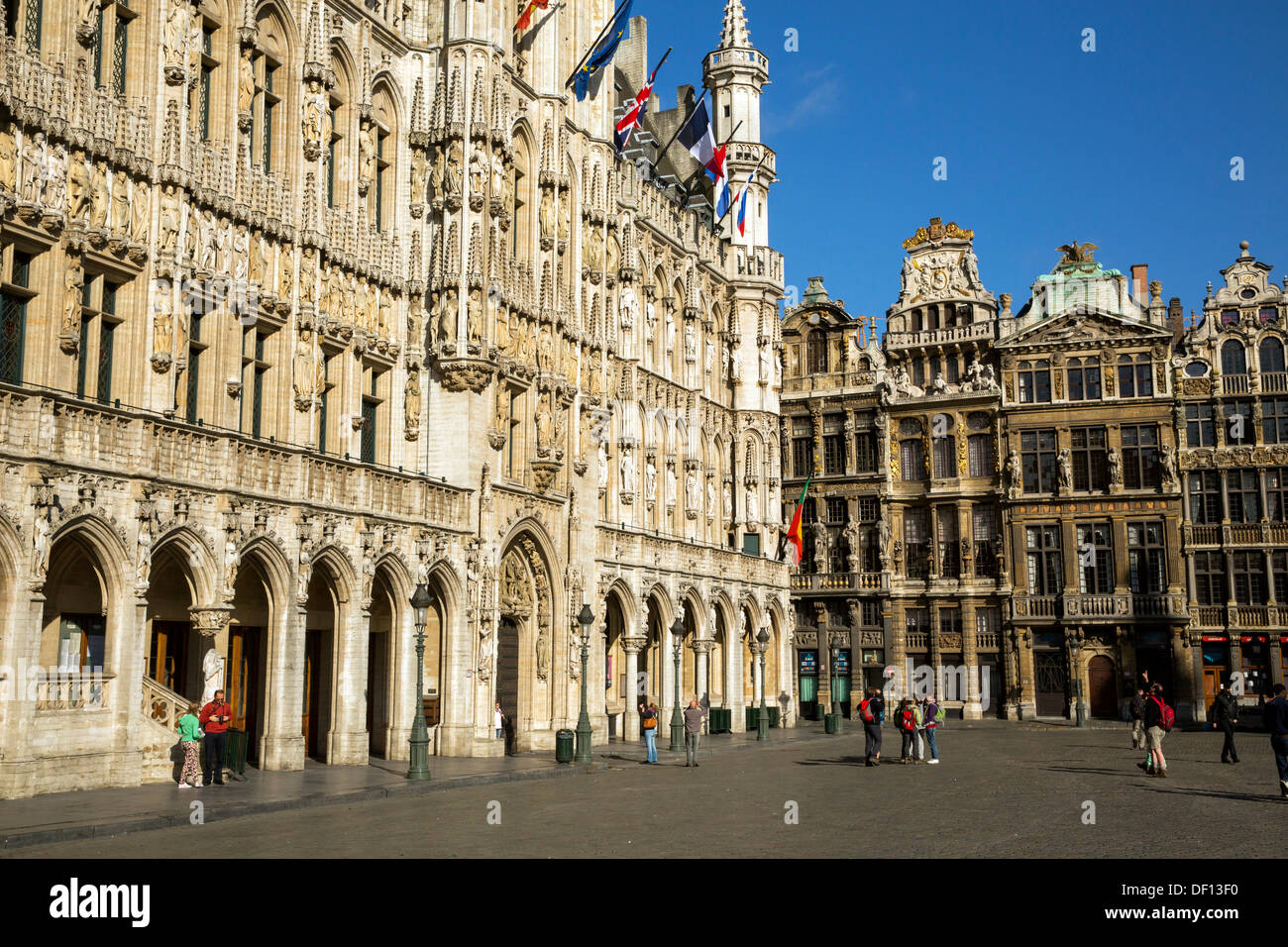 Hotel de Ville und andere historische Gebäude stehen auf der Grand Place in Brüssel. Stockfoto