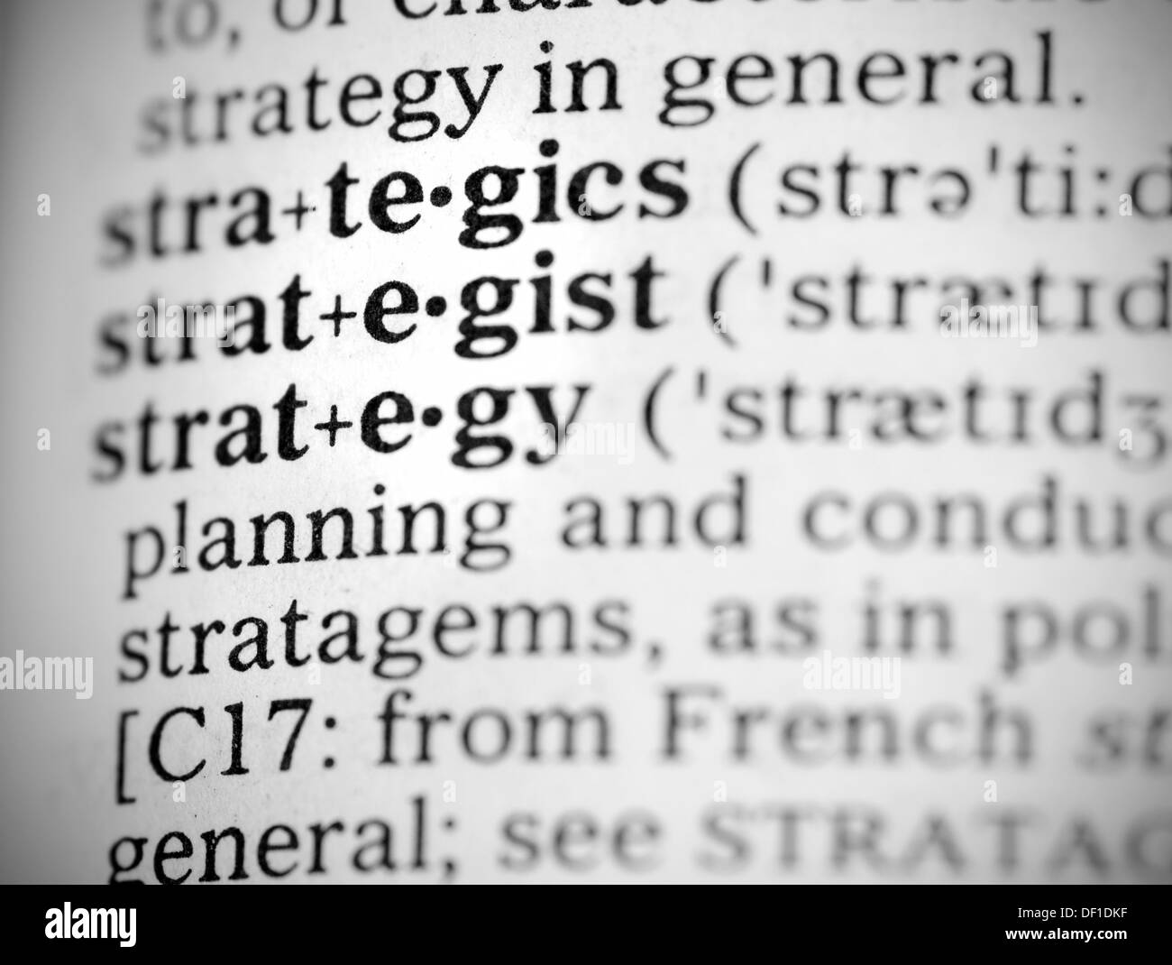 Makro-Bild der Wörterbuchdefinition von Wort-Strategie Stockfoto