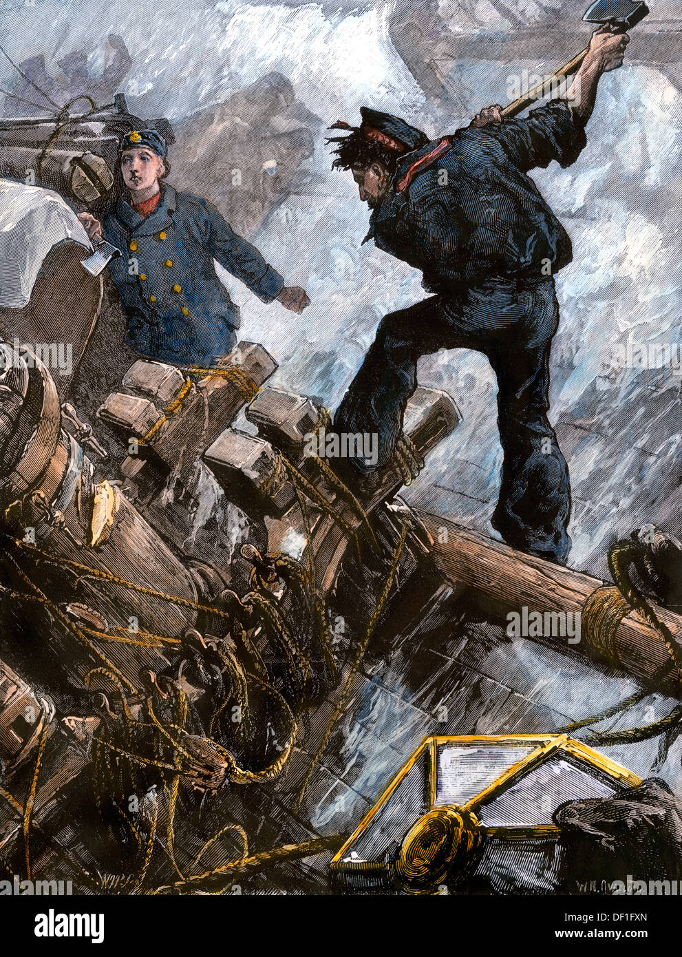 Segler weg zu schneiden die Masten ihr Schiff in einen Sturm zu speichern, 1800. Hand - farbige Holzschnitt Stockfoto