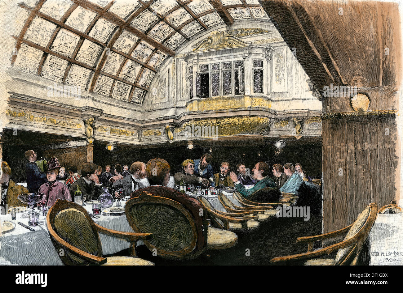 Die Passagiere genießen der Grand Salon eines Inman Steamship, circa 1890. Hand - farbige Holzschnitt Stockfoto