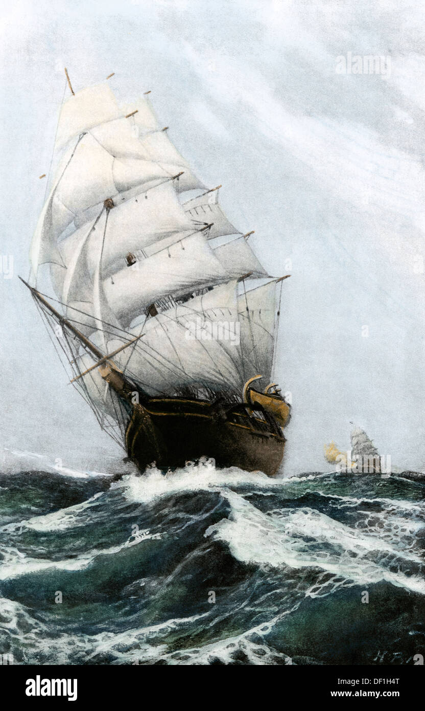 Clipper Ship Caribee, berühmt für Geschwindigkeit, in Maine im Jahr 1852 erbaut. Handcolorierte halftone einer Abbildung Stockfoto