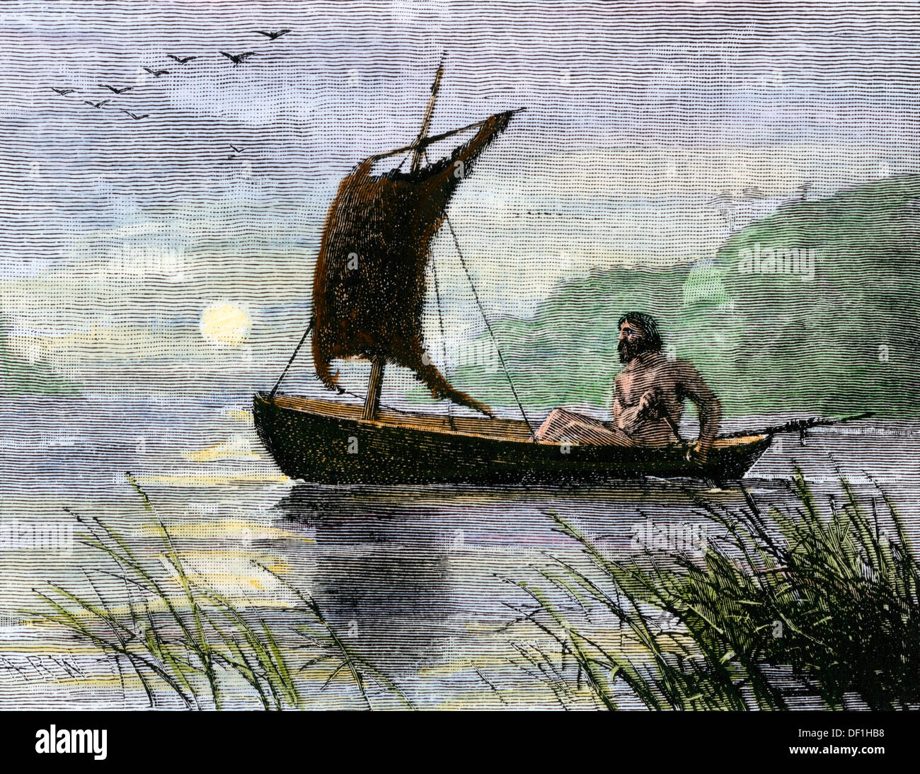 Prähistorische Navigation mit einer Haut segeln. Hand - farbige Holzschnitt Stockfoto