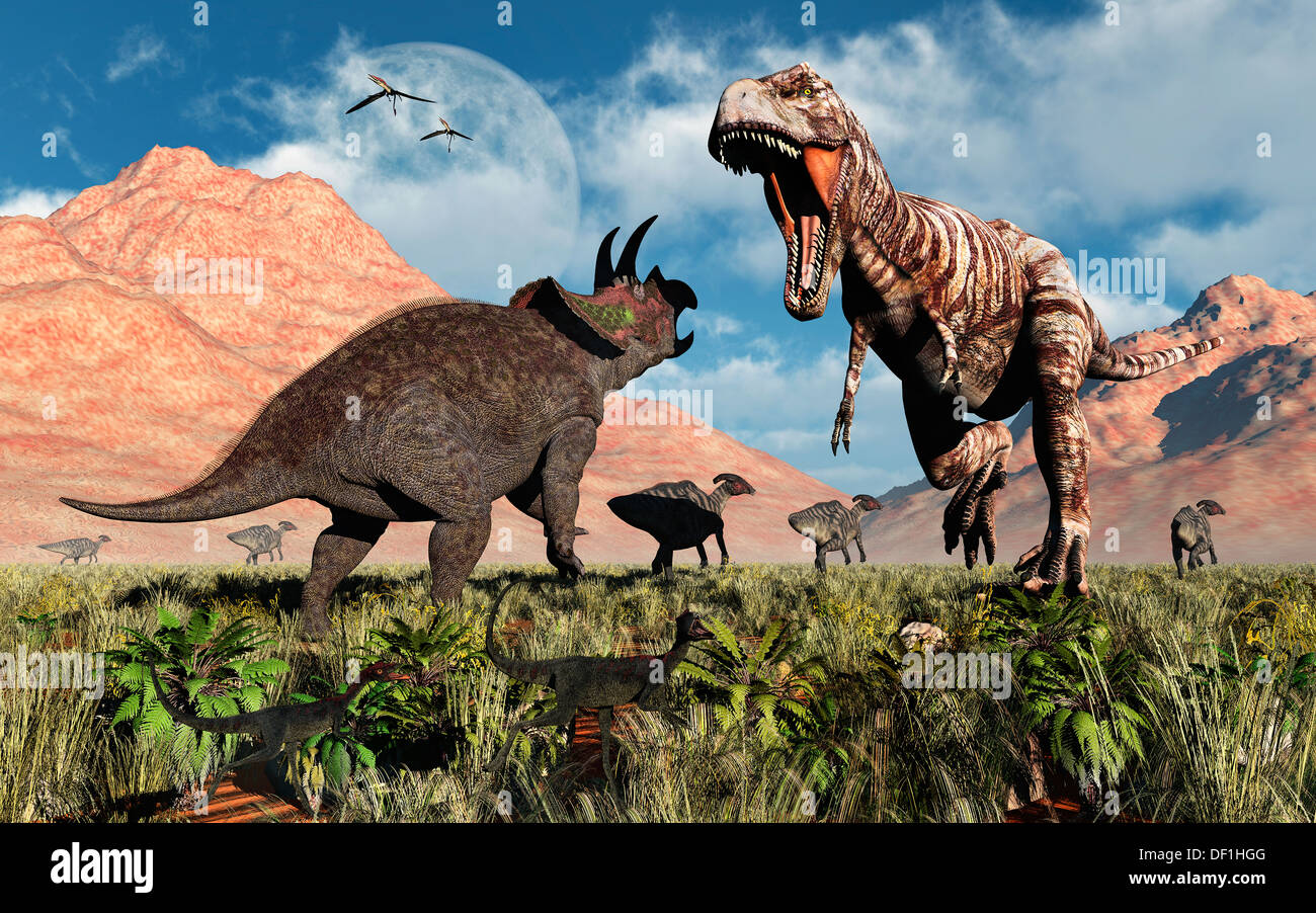 Eine prähistorische Schlacht zwischen einem t-Rex & ein Triceratops. Stockfoto