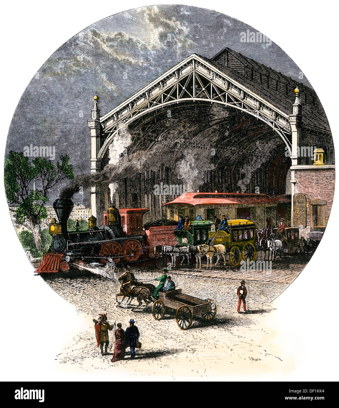 Union Pacific Railroad Depot in Omaha, Nebraska, c 1880. Hand - farbige Holzschnitt Stockfoto