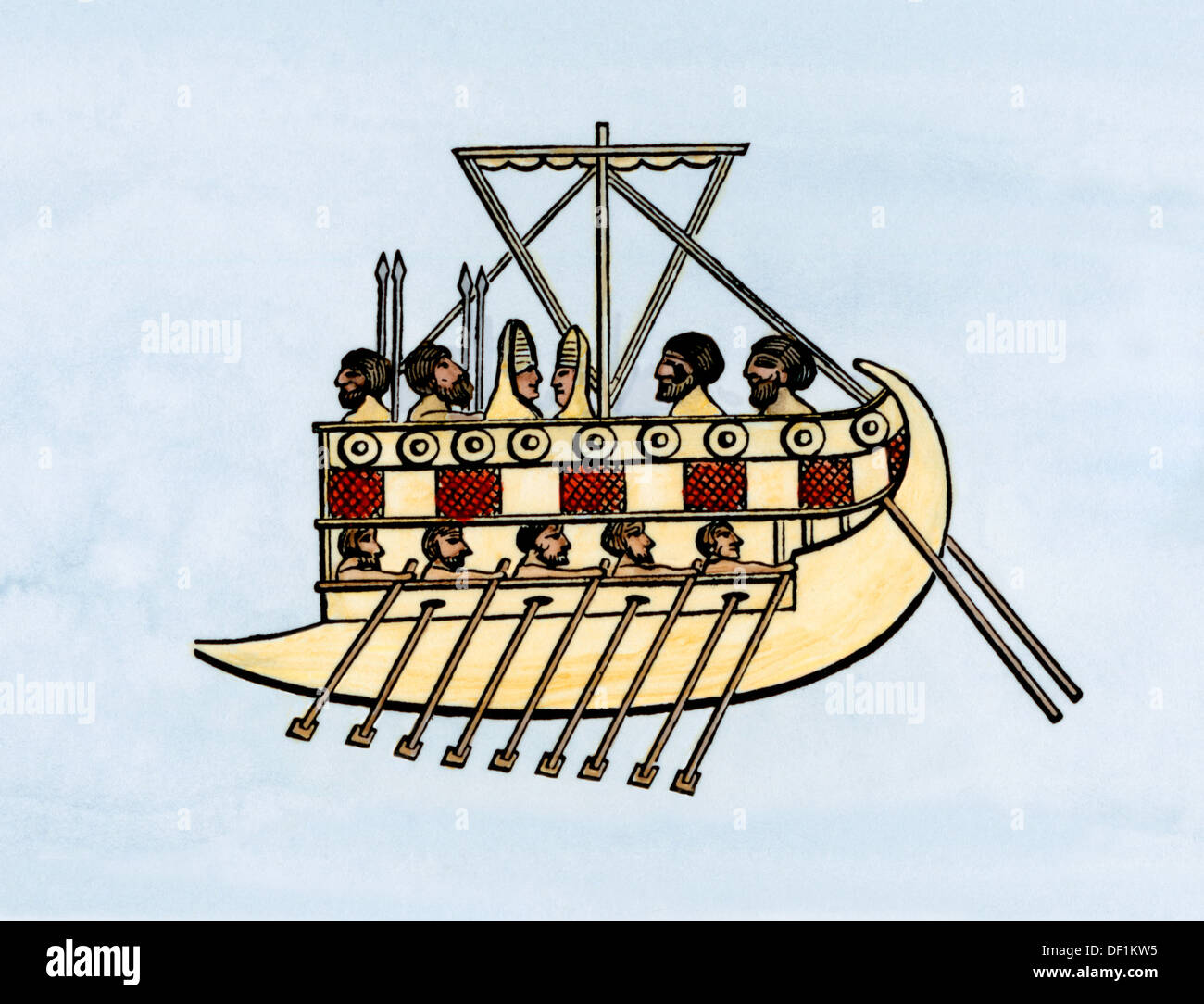 Phönizische bireme, einem Schiff mit Segel und zwei Reihen von Ruderern, Mittelmeer. Hand - farbige Holzschnitt Stockfoto