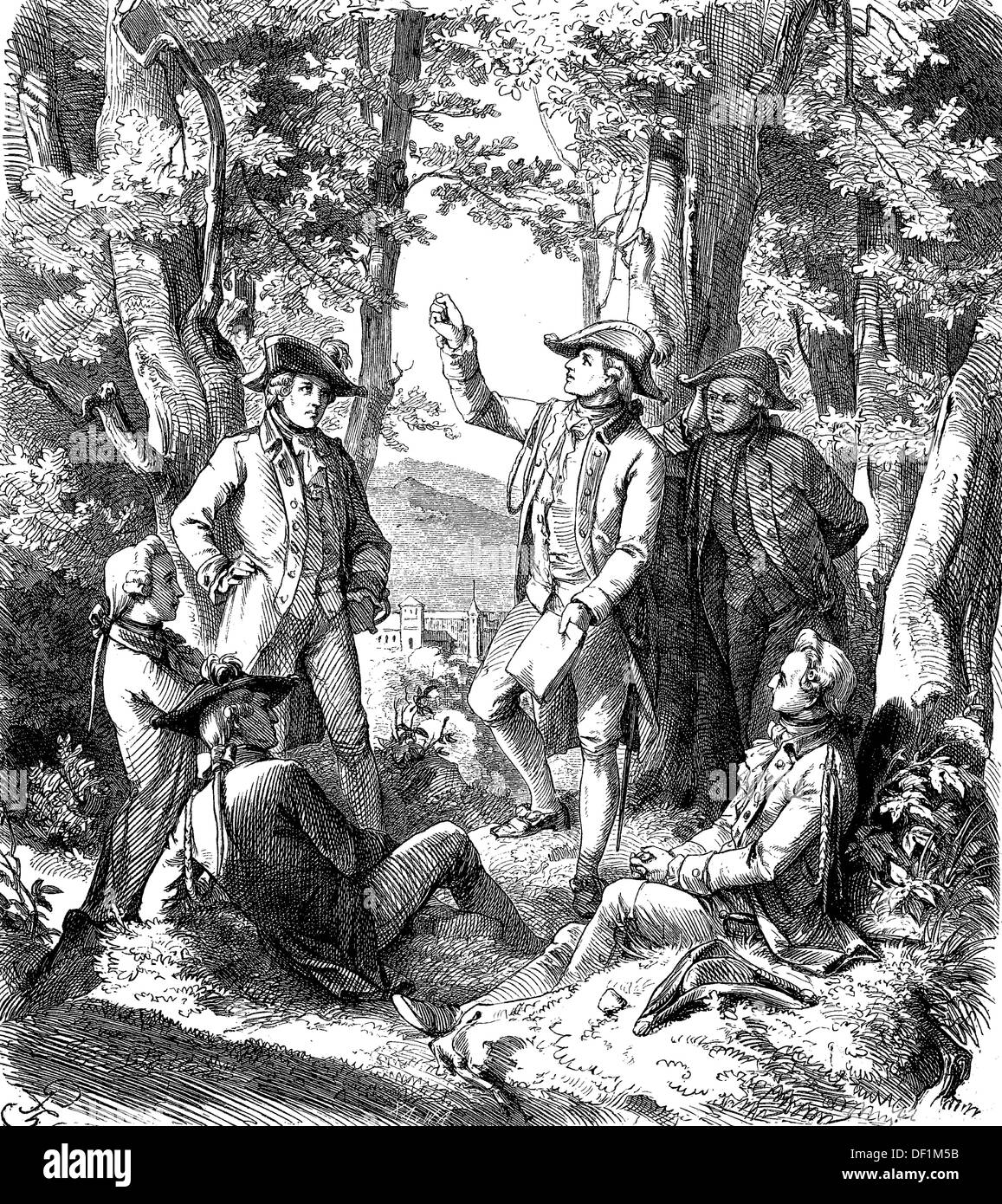 Johann Christoph Friedrich von Schiller, 1759-1805, seine Schüler Vorlesen des Romans "Die Räuber", Holzschnitt aus dem Jahr 1864 Stockfoto