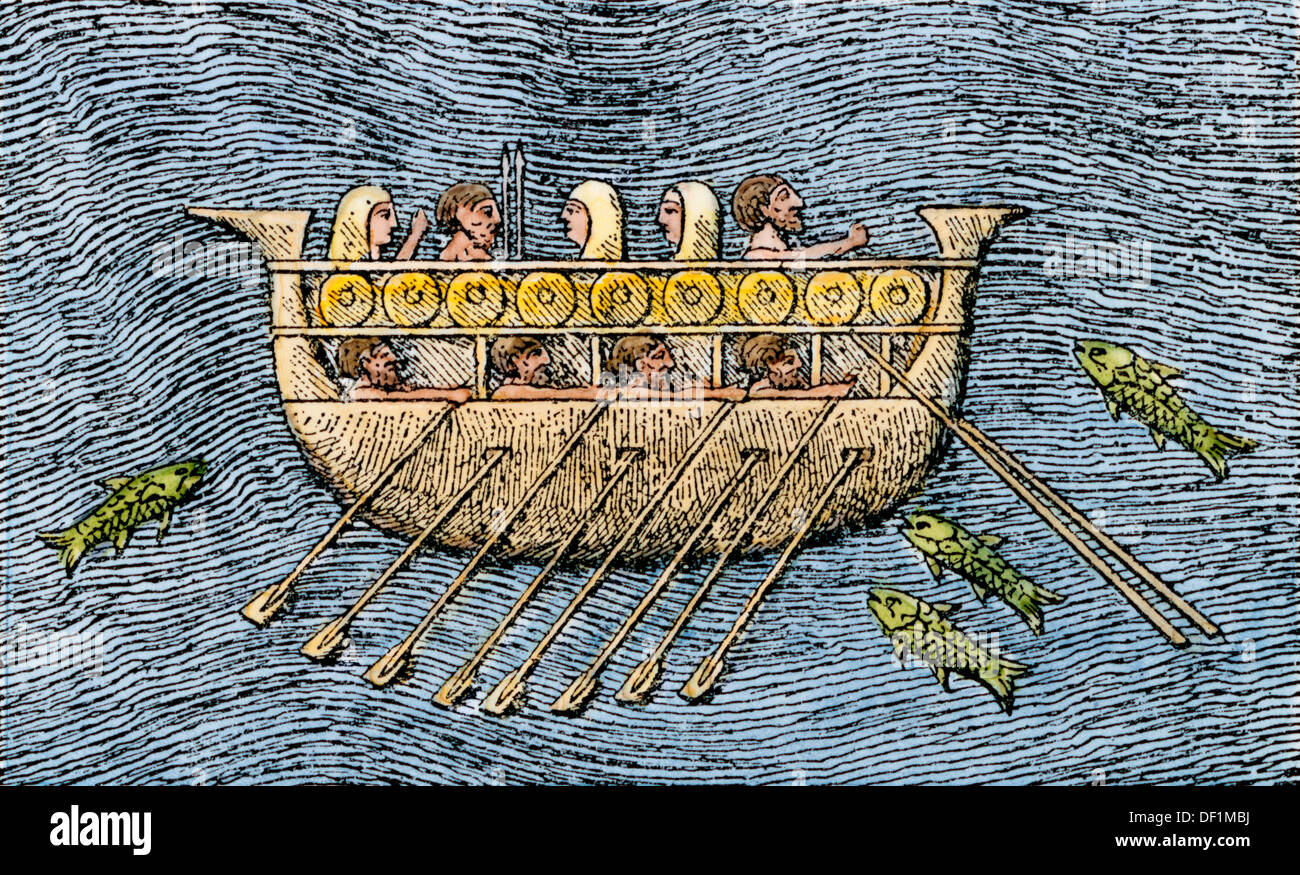 Phoenician trading Kombüse mit beiden Rudern. Hand - farbige Holzschnitt Stockfoto