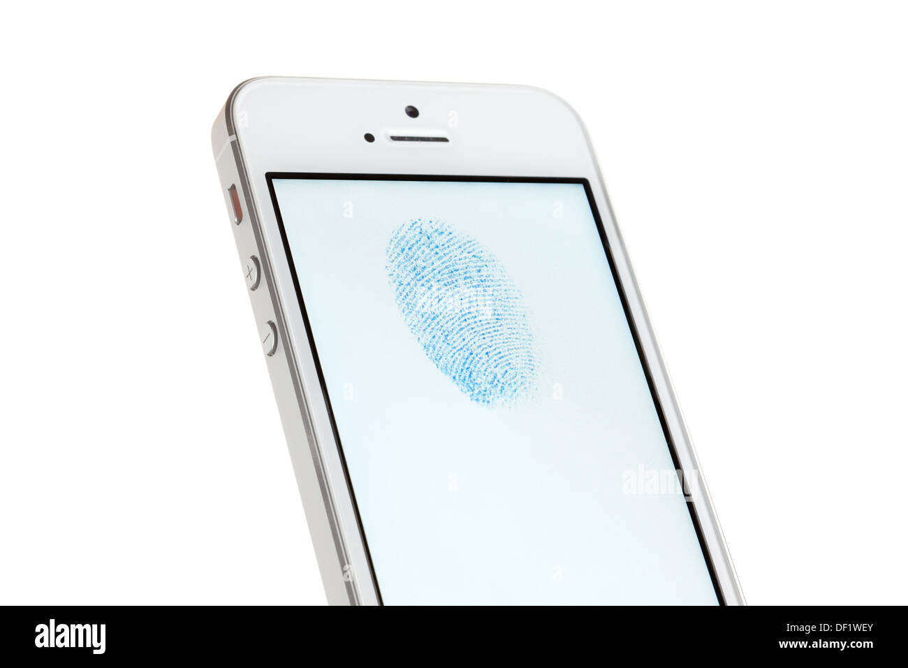 iPhone mit einem Fingerabdruck auf dem Bildschirm angezeigt. Stockfoto