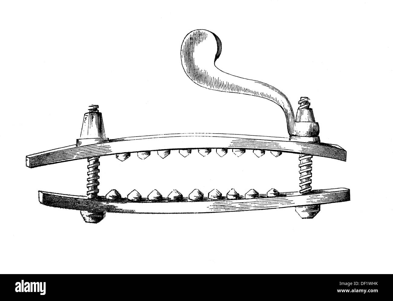 Folterinstrument: Rändelschrauben, Daumen-Stick, Holzschnitt aus dem Jahr 1864 Stockfoto