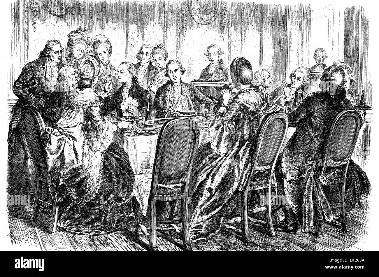 Lavater, 1741-1801, Johann Wolfgang von Goethe, 1749-1832, und Johann Bernhard Basedow, 1724-1790, beim Dinner im Ko Stockfoto