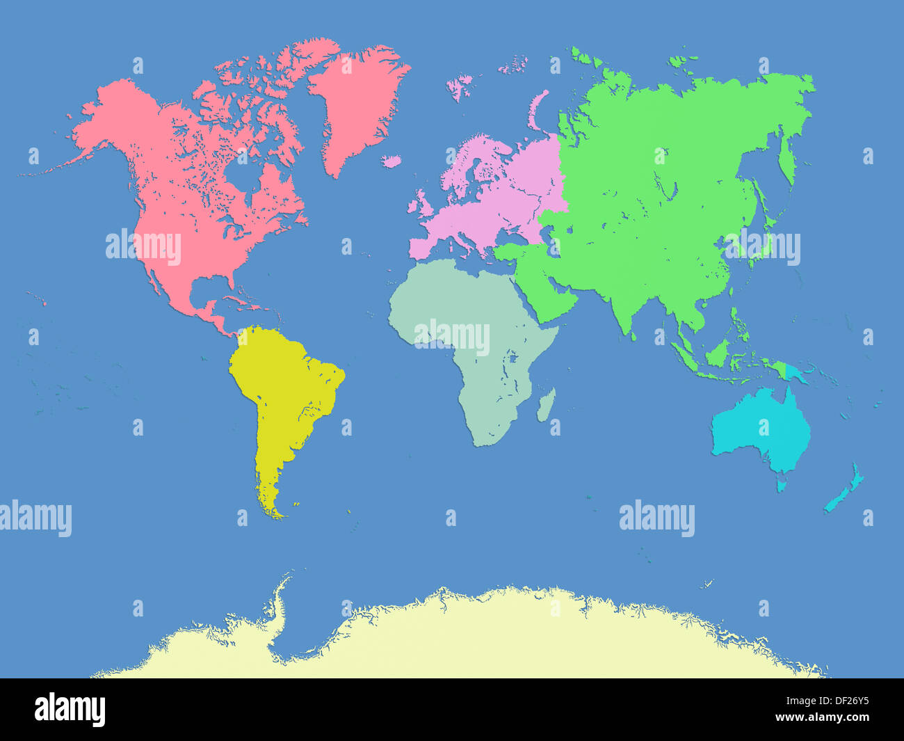 Computergrafiken von Welt und Kontinente Karte mit minimalen Abschrägung, prägen &amp; drop Shadow Stil Stockfoto
