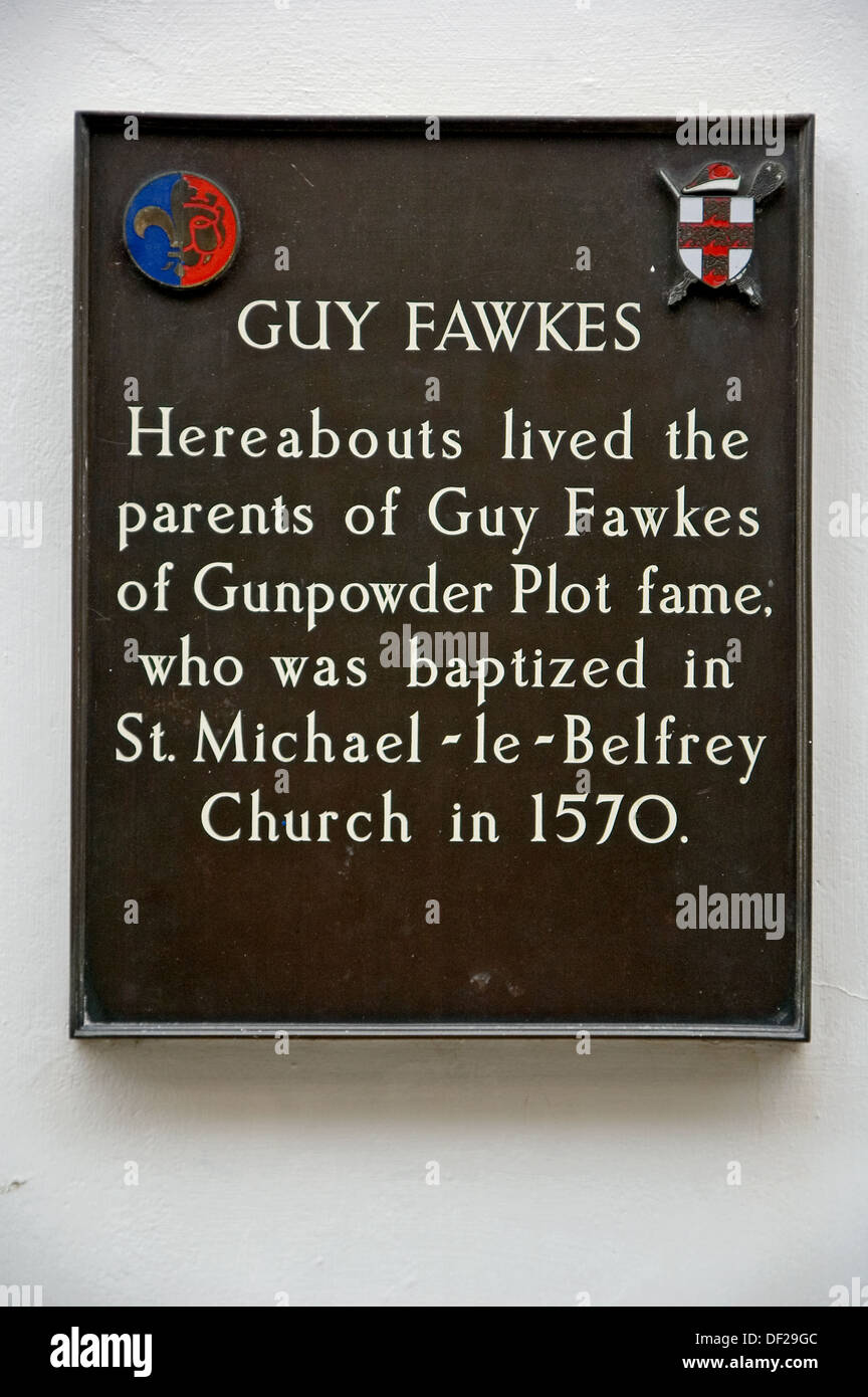 Guy Fawkes, Führer der Schießpulver-Plot wird in diese Plakette in York gedacht. Stockfoto