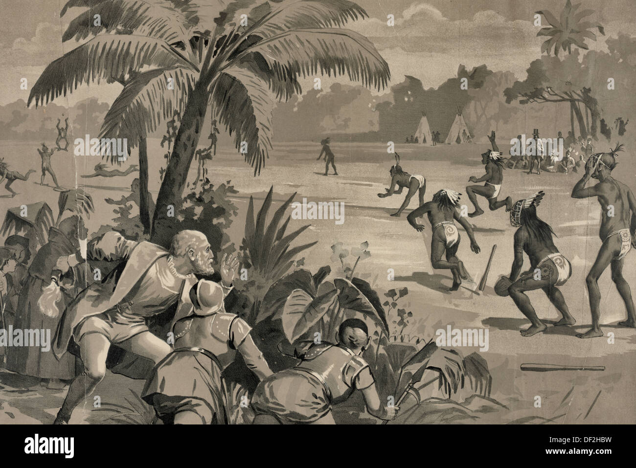 Was Columbus gefunden - Christopher Columbus und Crew hinter Büschen versteckt und mit Blick auf Native Americans Stockfoto