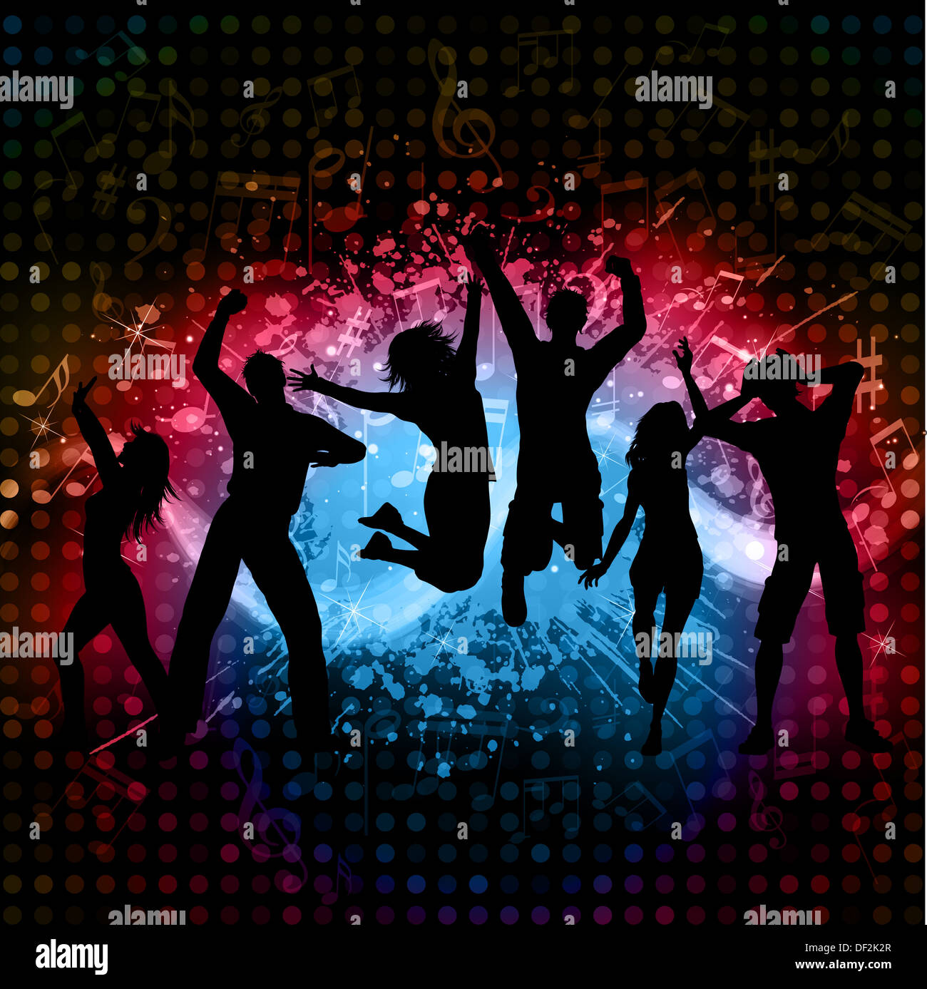 Silhouetten von Menschen tanzen auf Grunge Musik Noten Hintergrund Stockfoto