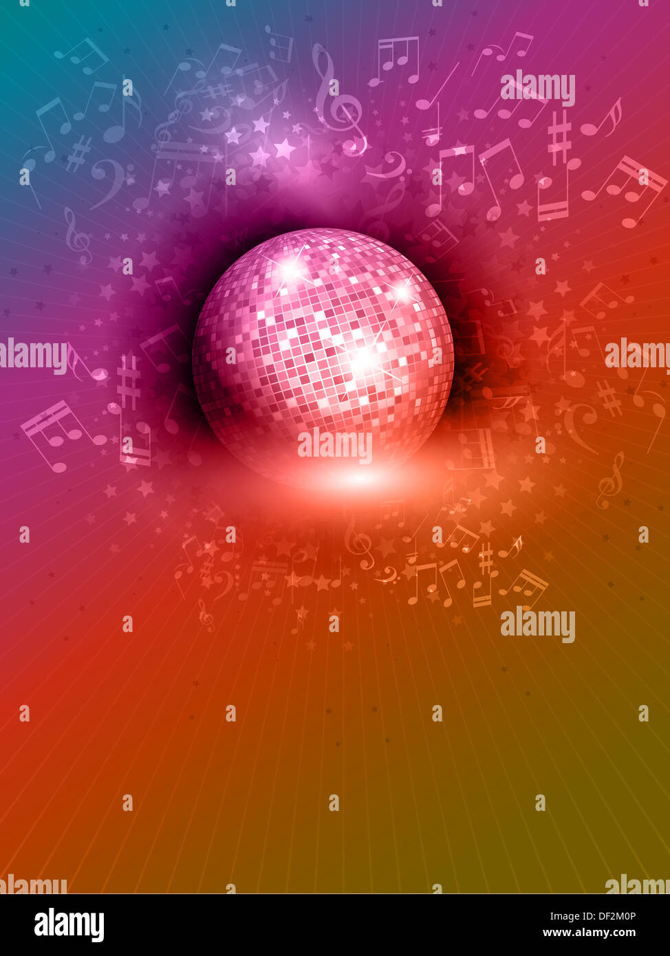 Abstrakte Spiegel Kugel Hintergrund mit Musiknoten und Farben des Regenbogens Stockfoto