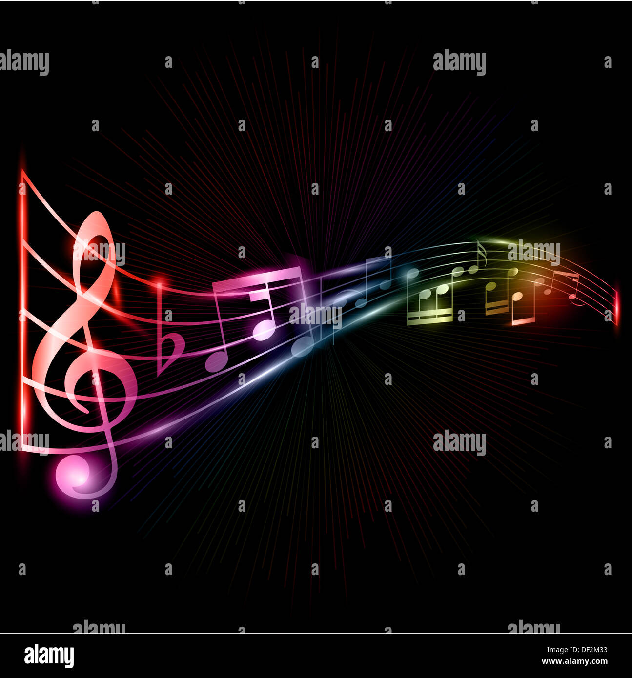 Abstrakte Hintergrundmusik Noten mit einem Neon-Stil-Effekt Stockfoto