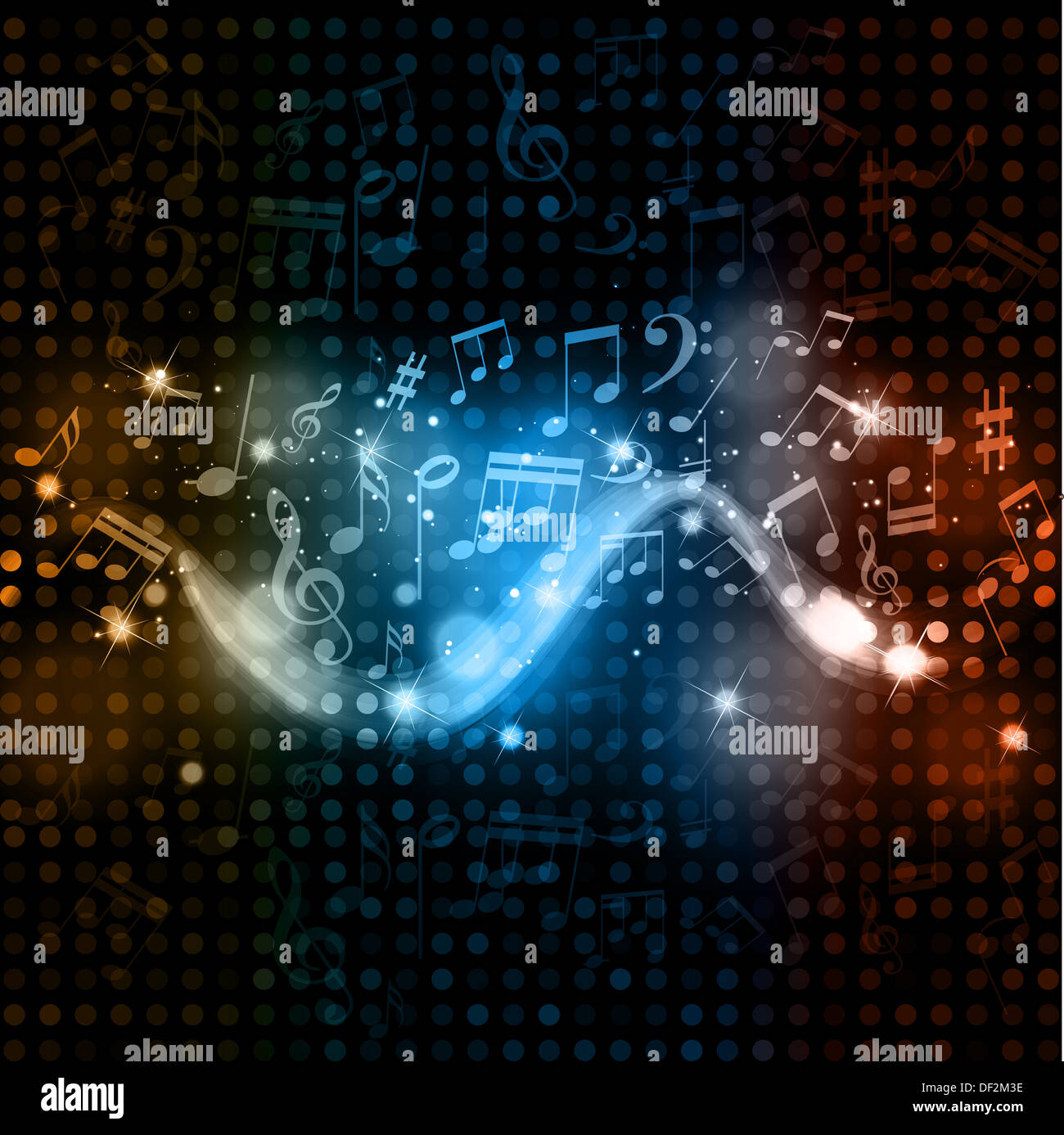 Musik-Noten auf einem leuchtenden Lichter-Hintergrund Stockfoto