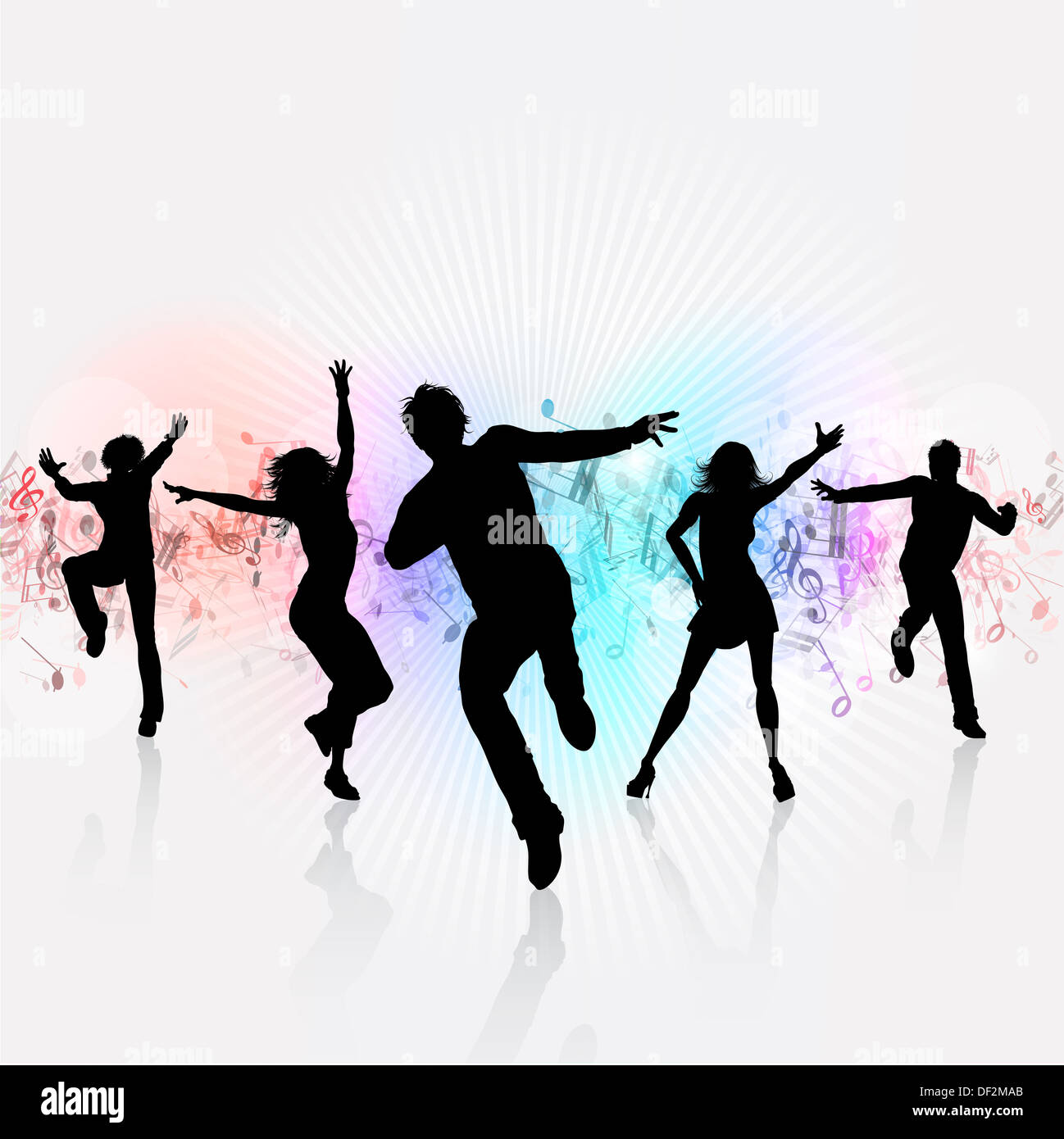 Silhouetten von Menschen tanzen auf einem Musik-Noten-Hintergrund Stockfoto