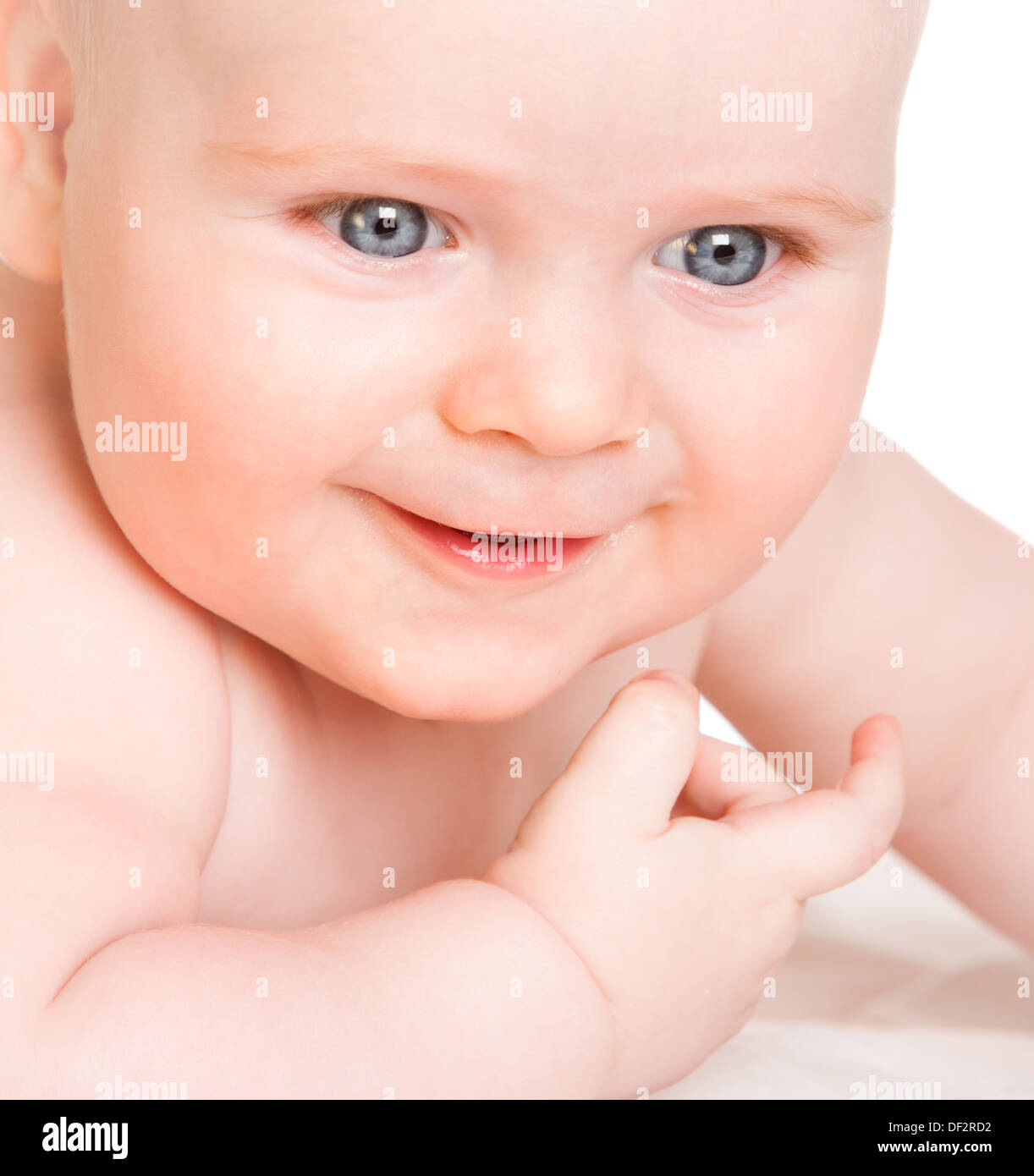 sechs-Monat-altes Baby auf weißem Hintergrund Stockfoto