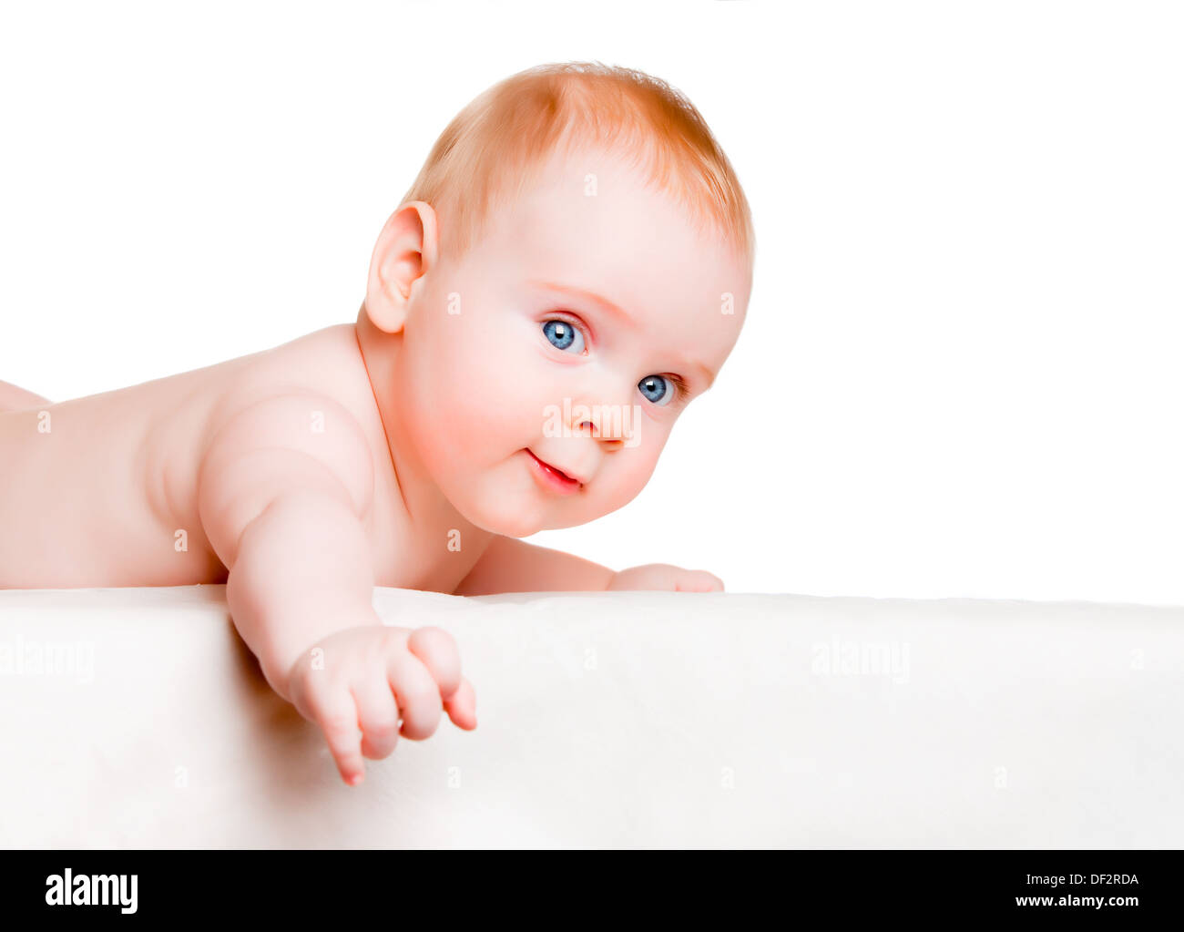 sechs-Monat-altes Baby auf weißem Hintergrund Stockfoto