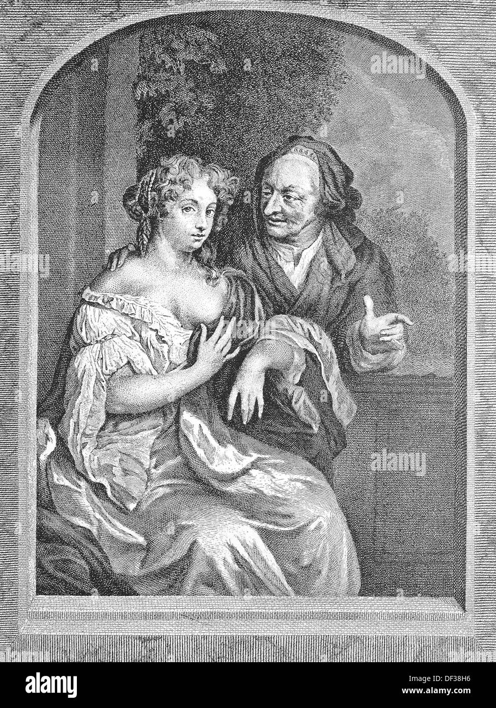 Die gefährliche Leichtgläubigkeit, Herzogin von Mazarin, Geliebte von Charles II von England und die Duke Kolbert, verkleidet als ein Heiratsvermittler Stockfoto
