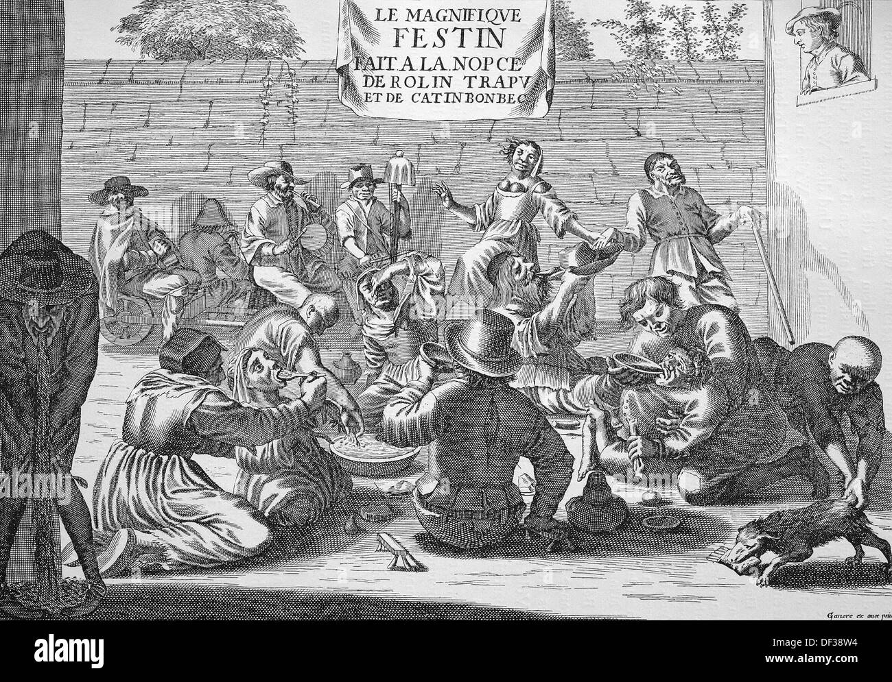Verhöhnung eines Bettlers Hochzeit, Französisch, Gravur, 1850 Stockfoto