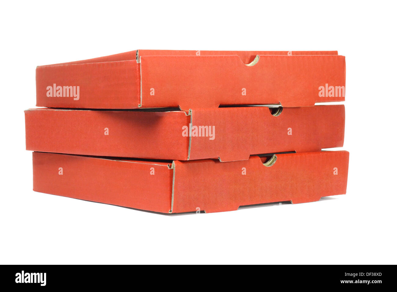 Stapel von Pizza-Lieferung-Boxen auf weißem Hintergrund Stockfoto