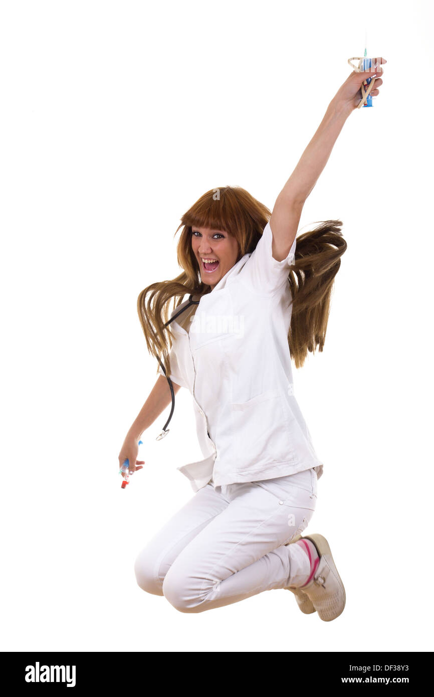 Krankenschwester ist glücklich, weil She Gott ein Gehalt zu erhöhen und liebt seinen job Stockfoto