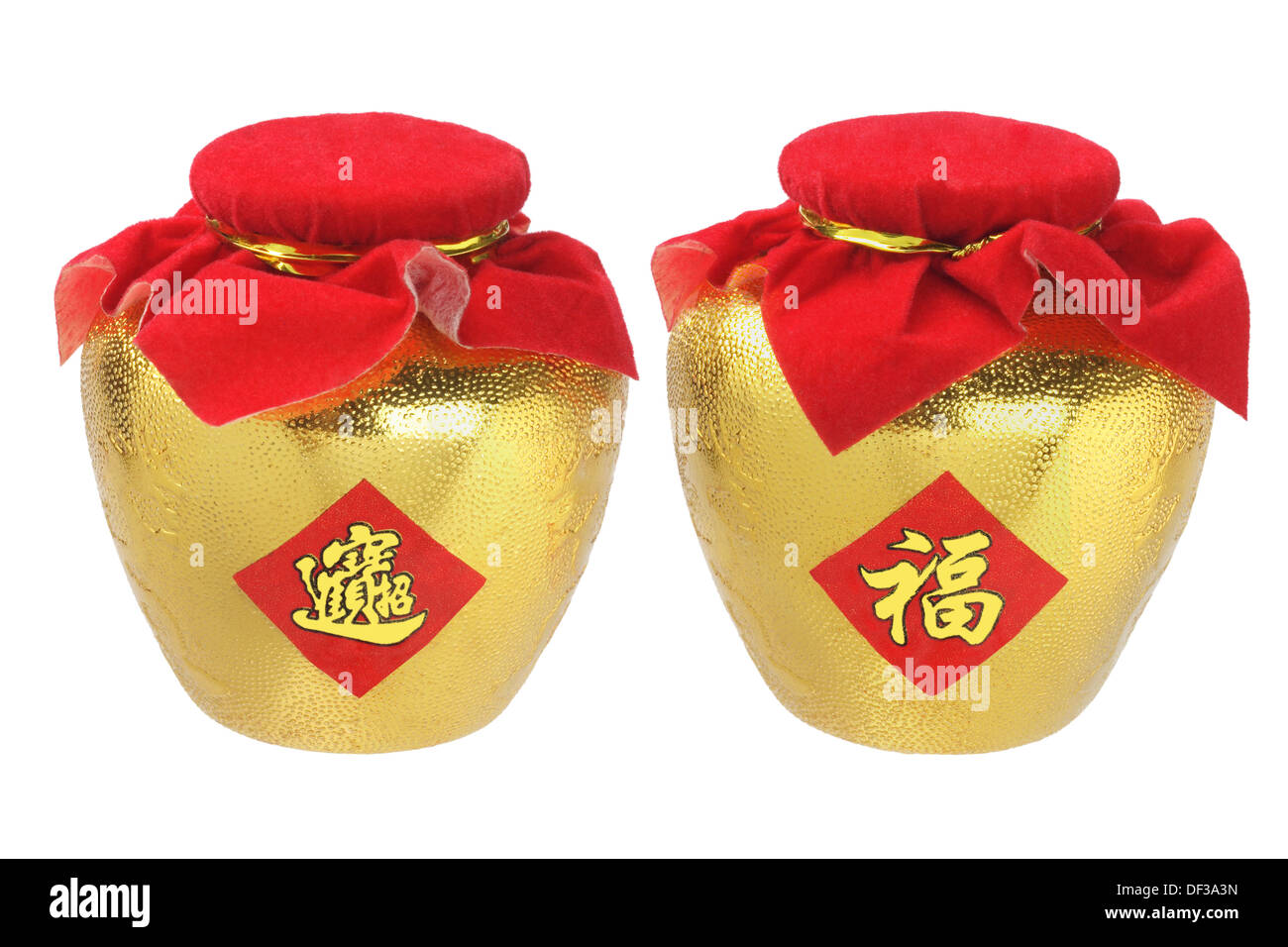 Chinese New Year Ornamente Gold Pots - Wohlstand und Glück Stockfoto