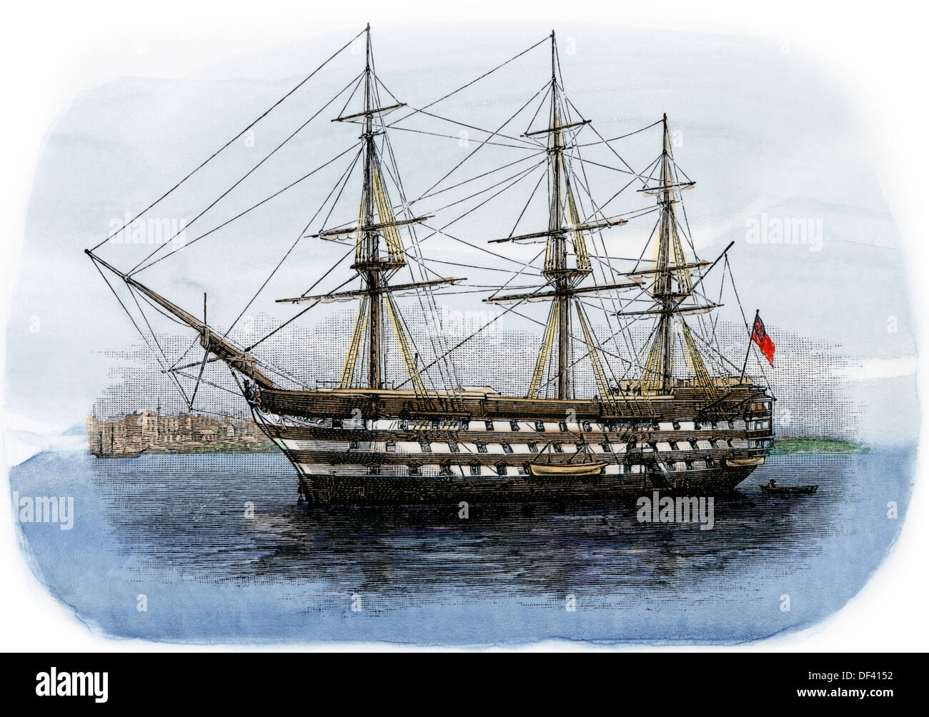 Lord Nelsons Schiff HMS "Victory" in Portsmouth Harbour, 1800. Hand - farbige Holzschnitt Stockfoto