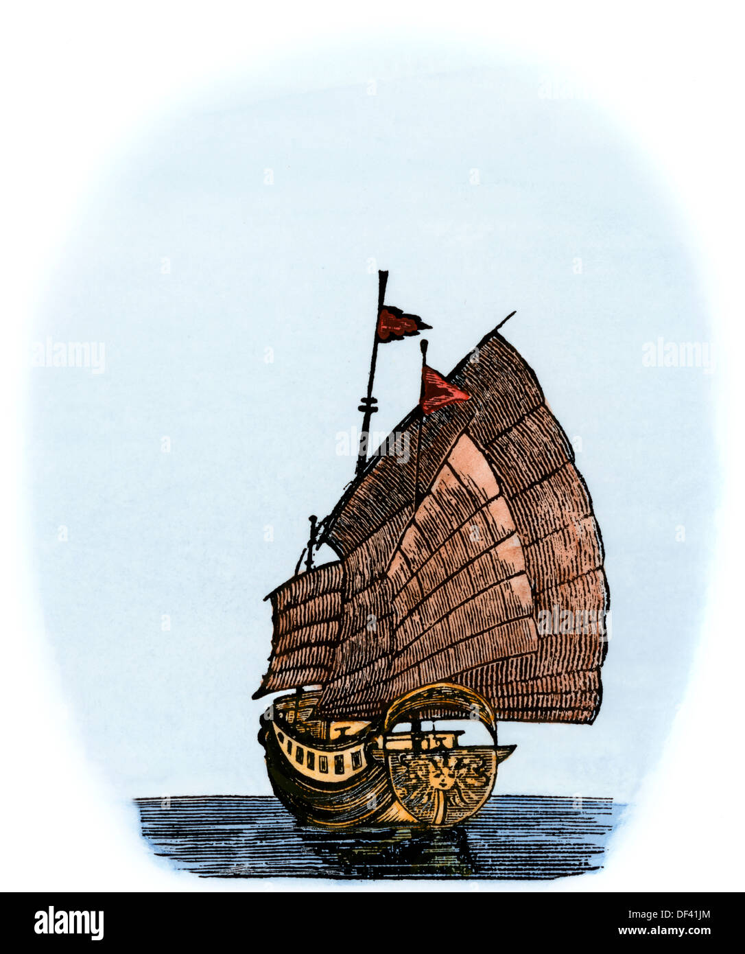 Chinesische Segel-schiff. Hand - farbige Holzschnitt Stockfoto