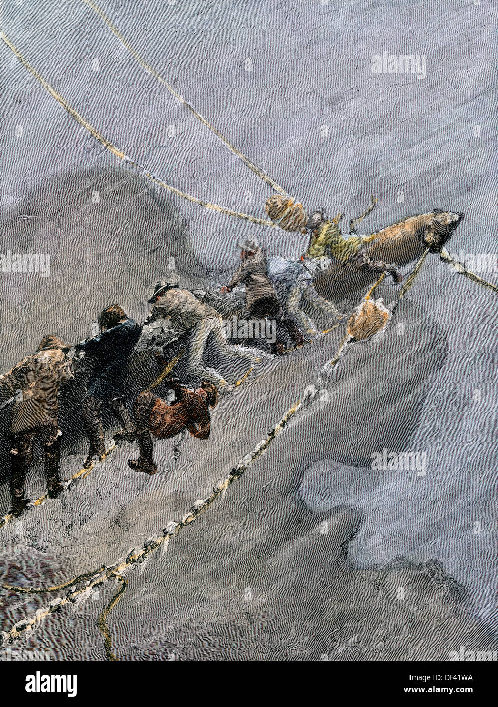 Segler reffen Der topsail in einem Sturm während der Passage von Kap Horn, 1800. Hand - farbige Holzschnitt Stockfoto