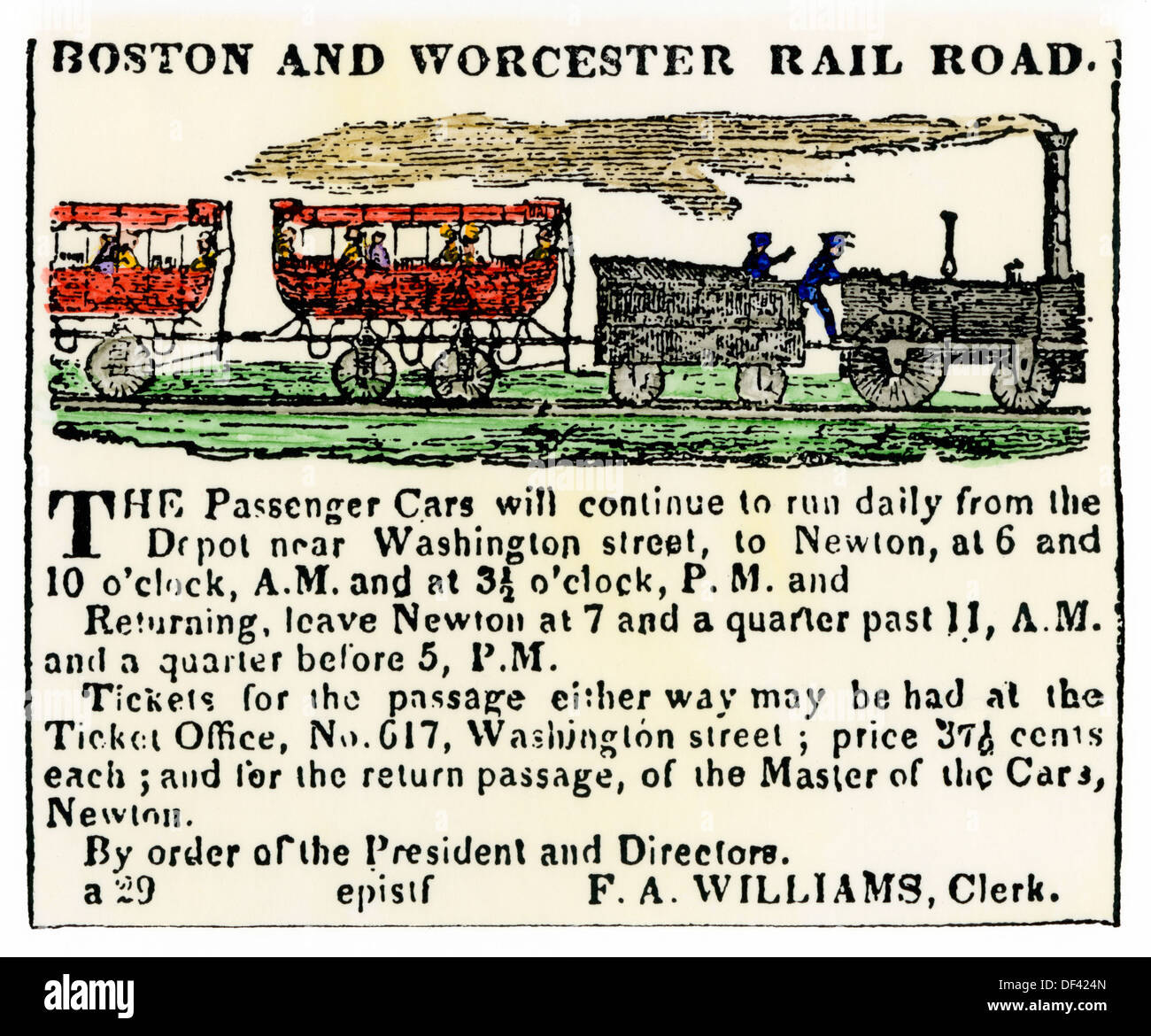 Anzeige für die Boston und Worcester Eisenbahn, Anfang 1800. Hand - farbige Holzschnitt Stockfoto