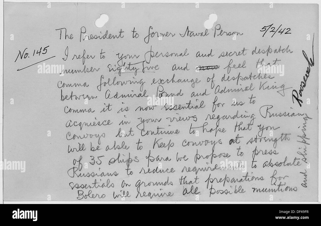 Ein historisches Foto von Franklin D. Roosevelt, das an Winston Churchill schreibt und die diplomatische Kommunikation zwischen den USA und Großbritannien während des Zweiten Weltkriegs reflektiert Stockfoto