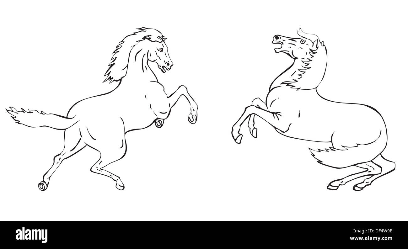 Abbildung Strichzeichnung eines springenden Pferdes in zwei Positionen. Stockfoto