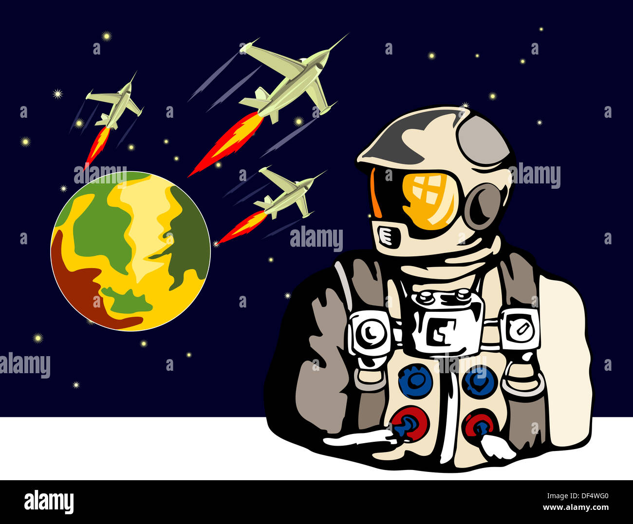 Abbildung eines Astronauten mit einem Planeten und Raumschiffe in den Hintergrund, Kuppel im retro-Stil. Stockfoto