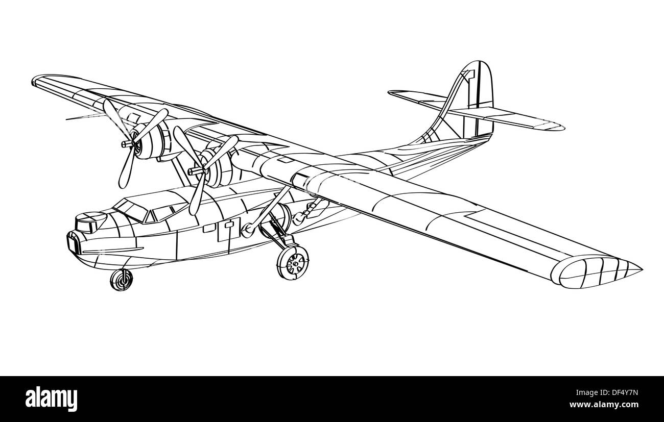 Illustration von Catalina Wasserflugzeug Flugzeug in Wireframe isoliert auf weißem Hintergrund getan. Stockfoto