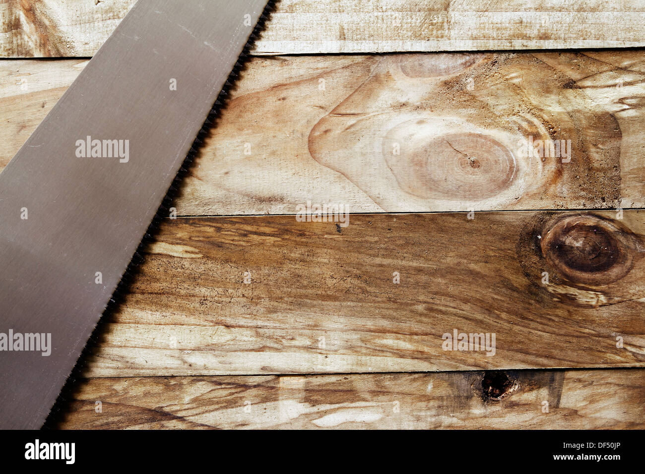 Das Sägeblatt auf Holz. Textfreiraum Stockfoto