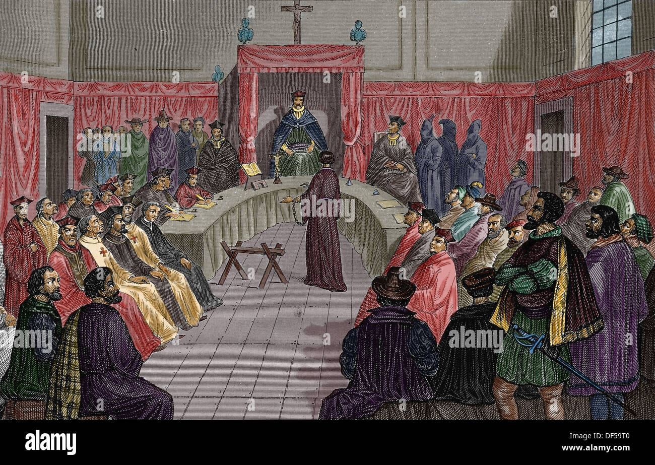 Neuzeit. Inquisition. Sitzung des Tribunals. Spanien. Gravur. (Spätere Färbung). Stockfoto