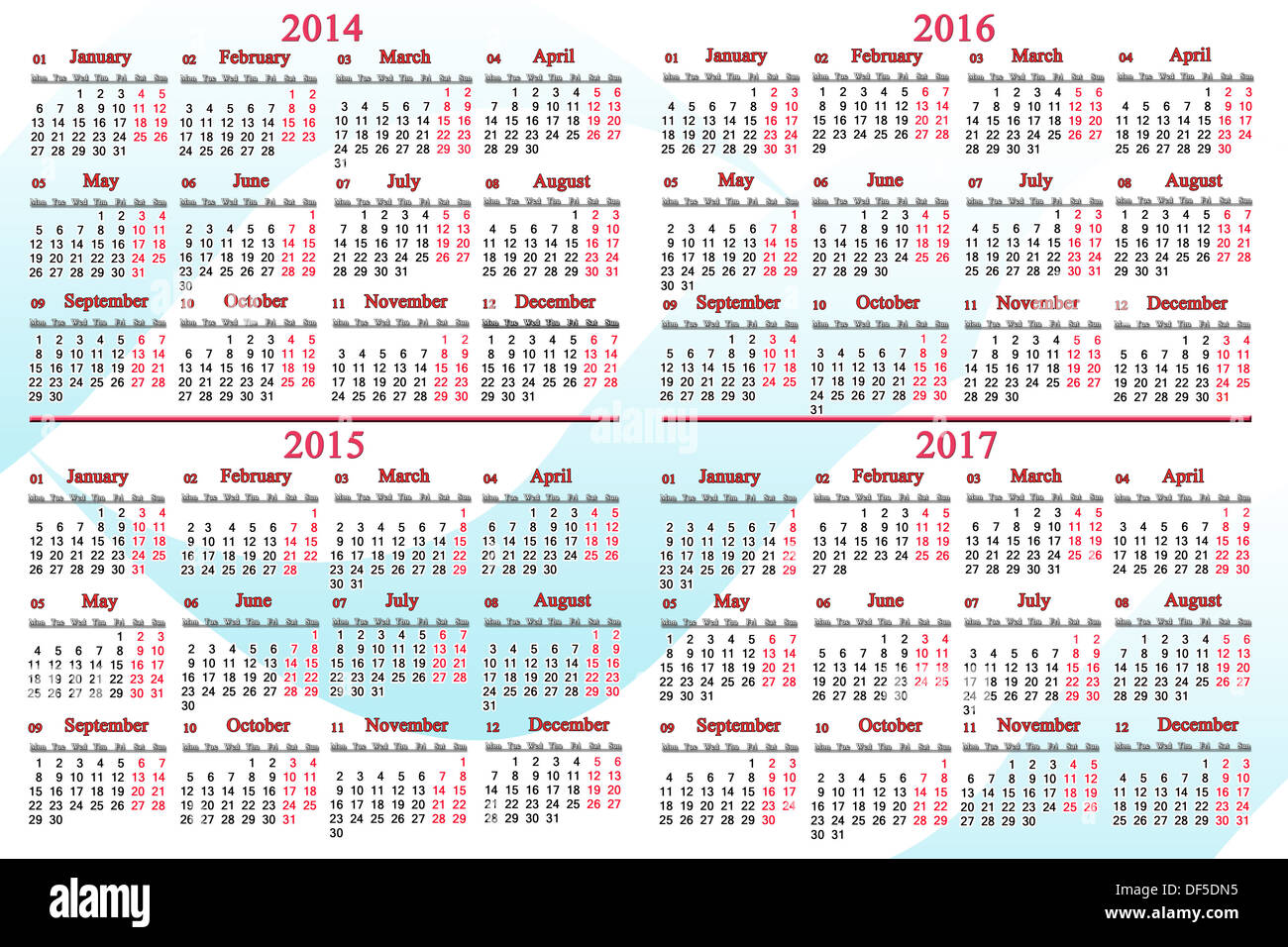 üblichen Geschäftszeiten Kalender für die Jahre 2014-2017 Stockfoto