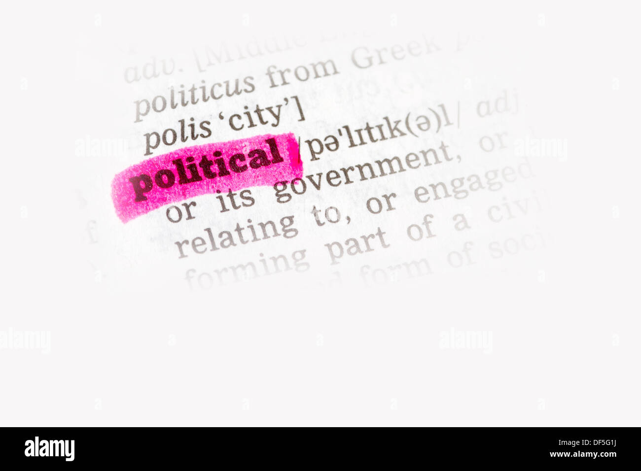 Politischen Wörterbuchdefinition Einzelwort mit soft focus Stockfoto